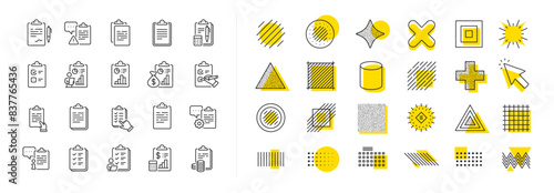 Agreement info, Clipboard manager, Accounting Report. Design shape elements. Checklist documents line icons. Medical schedule, Document list and Voting checklist line icons. Vector