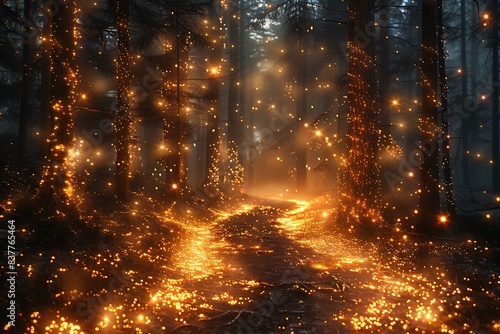 a forest at night  illuminated by yellow lights and dotted with glittering reflections on the ground and surrounding trees
