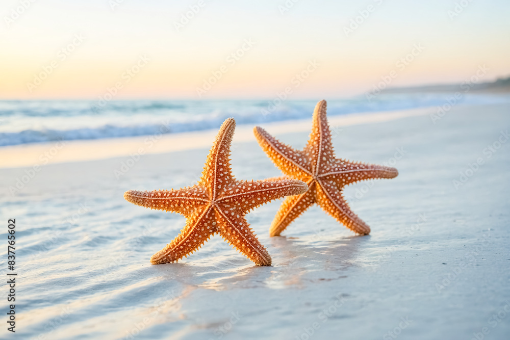Two Starfish on a Sandy Beach at Sunset Two Starfish on a Sandy Beach at Sunset