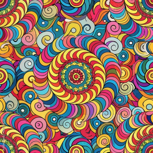 Seamless pattern of psychedelic swirls and kaleidoscopic patterns in a rainbow of colors, Generative AI