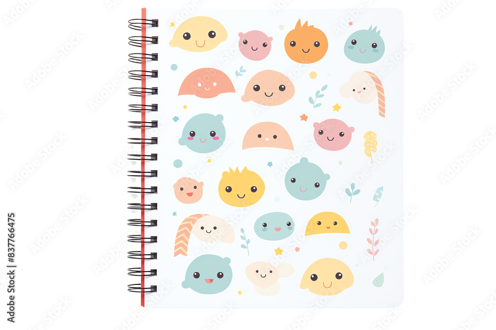 Cute notebook with colorful smiling cartoon characters on a spiral binding, perfect for kids and fun note-taking. Cute notebook with colorful smiling cartoon characters on a spiral binding, perfect for kids and fun note-taking.