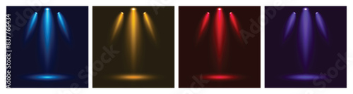 Spotlight light stage backdrop in blue, red, yellow and purple color. Background for displaying products.
