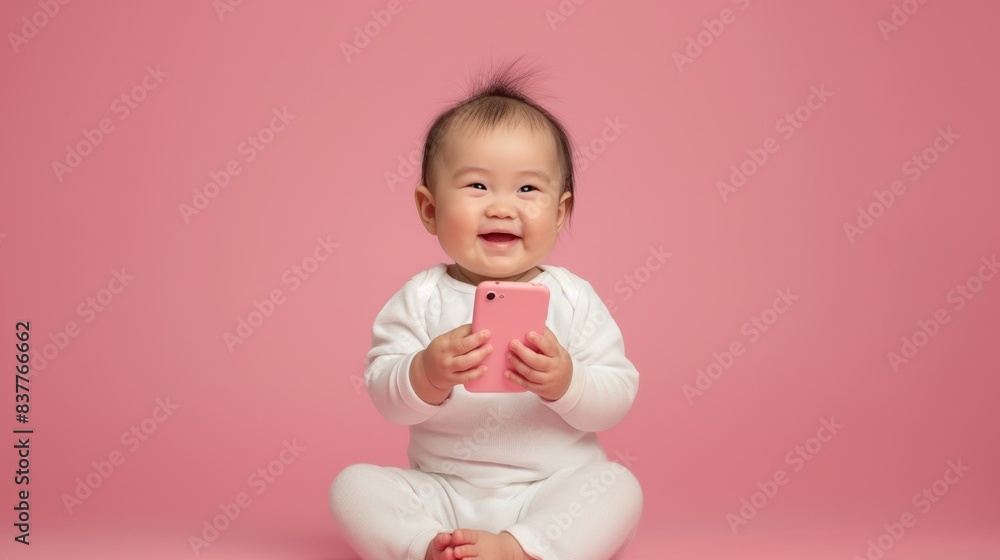 Happy smiling Asian baby smile infant toddler kid child  holding cell phone smartphone clean simple background