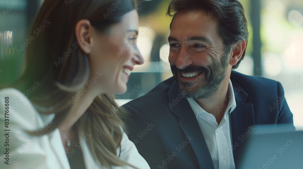 Businesswoman and businessman smile happy at laptop Caucasian female and male chit chat in office working relax chill Businesswoman and businessman smile happy at laptop Caucasian female and male chit chat in office working relax chill