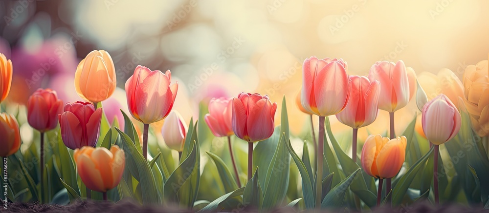 In the garden, tulip flowers bloom during the spring season, creating a picturesque scene with copy space image. In the garden, tulip flowers bloom during the spring season, creating a picturesque scene with copy space image.