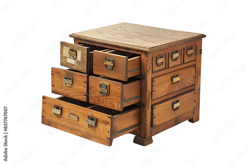 Wooden chest with multiple open drawers showcasing rustic hardware and craftsmanship, ideal for home storage solutions and interior design. Wooden chest with multiple open drawers showcasing rustic hardware and craftsmanship, ideal for home storage solutions and interior design.