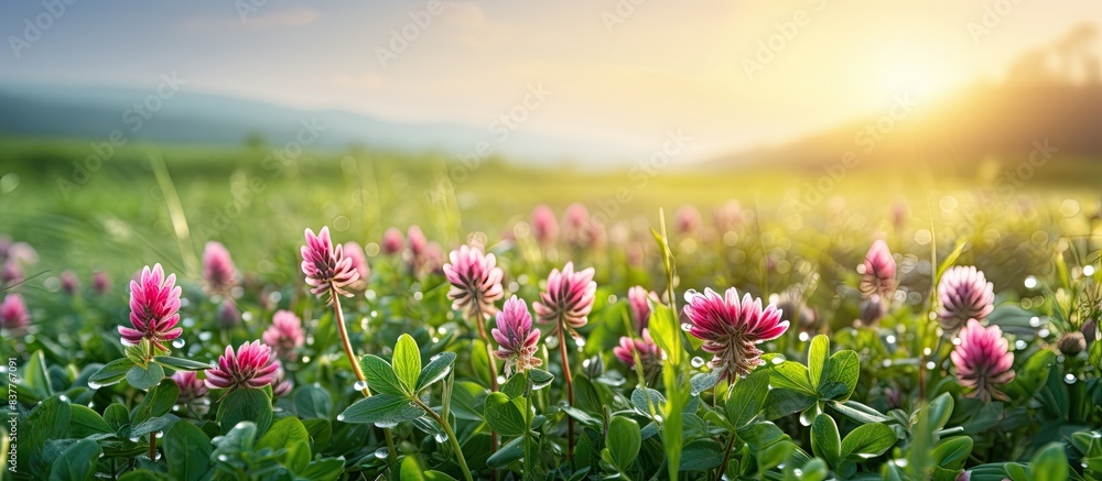 Fototapeta premium The red clover flowers in the meadow with morning dew on the leaves, creating a picturesque scene with copy space image.