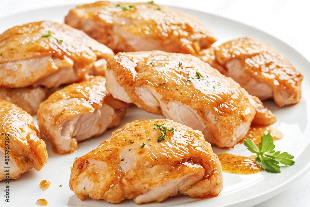 Close Up of Juicy, Glazed Chicken Breast Slices on a White Plate Close Up of Juicy, Glazed Chicken Breast Slices on a White Plate