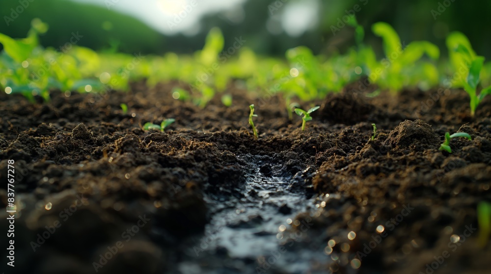 Wet dirt ground green grasses growing on earth water irrigating plants blurred trees background Wet dirt ground green grasses growing on earth water irrigating plants blurred trees background