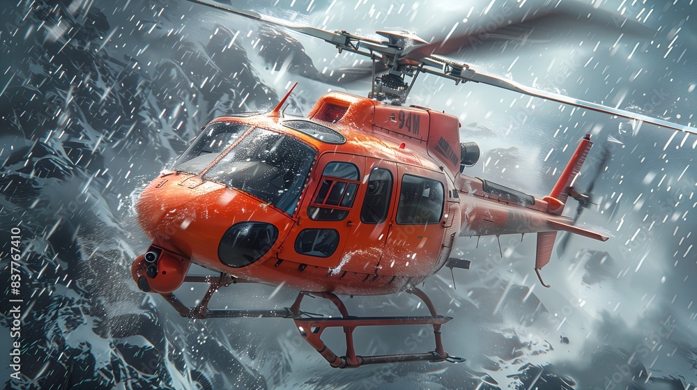 Red rescue helicopter in extreme weather conditions Red rescue helicopter in extreme weather conditions