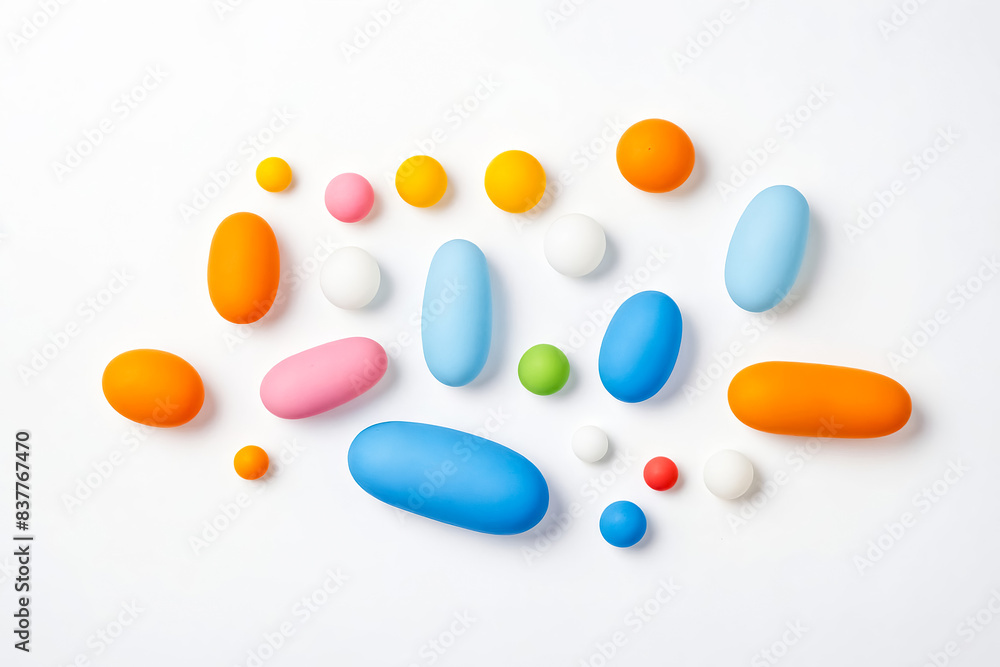 Colorful Capsules and Spheres on a White Background Colorful Capsules and Spheres on a White Background
