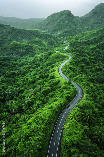 Aerial view of winding road in lush green forest during rainy season