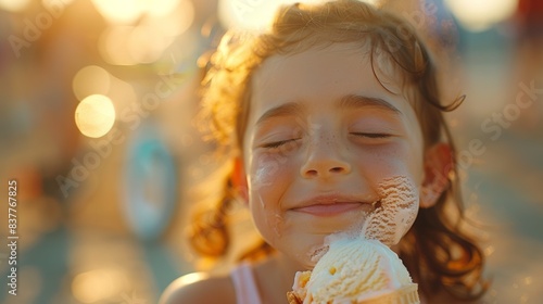 A young girl with ice cream on her face eating it, AI