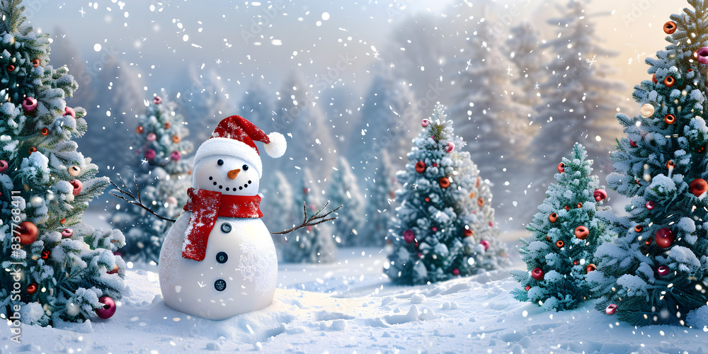 merry Christmas and happy new year greeting card with copy space happy snowman standing in Christmas landscape snow background winter fairytale 