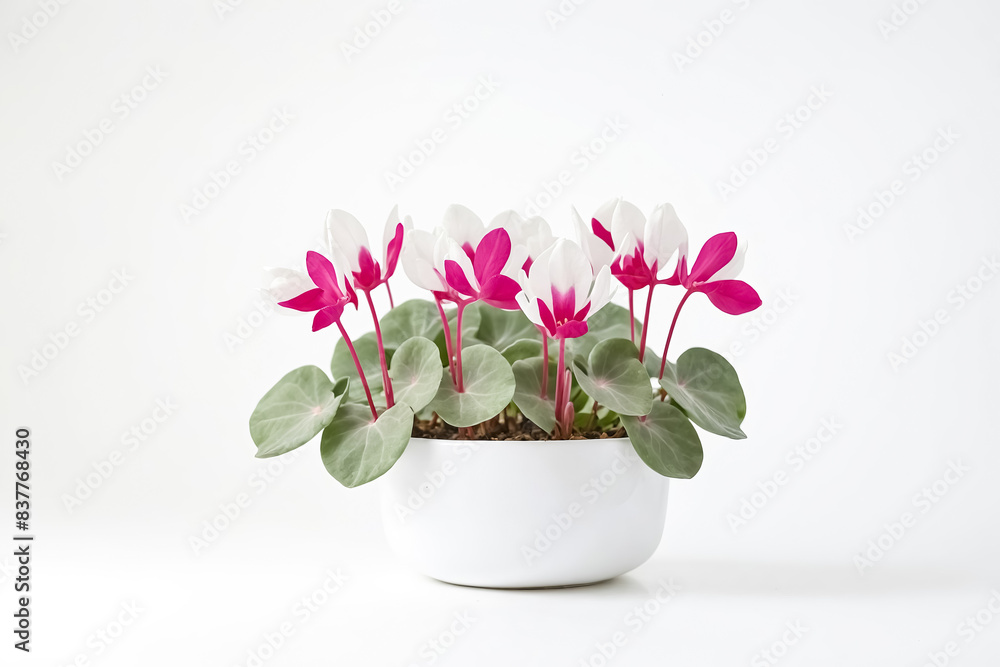 Close-up of a white and pink cyclamen in a white pot