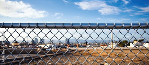 A metal fence in the foreground with a construction site in the background, suitable for a copy space image.