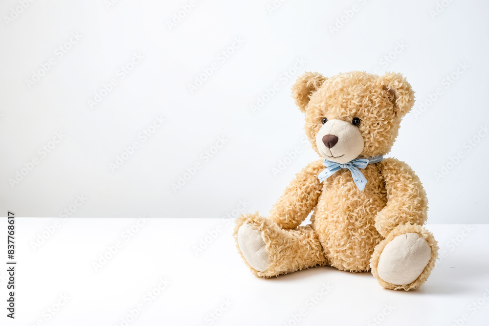 Beige Teddy Bear with Blue Bow Tie Sitting on White Background Beige Teddy Bear with Blue Bow Tie Sitting on White Background