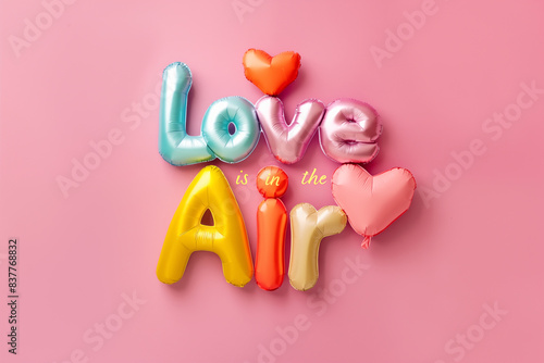The image features a cheerful and vibrant display of balloon letters spelling out "Love is in the Air." The balloons are designed in various colors
