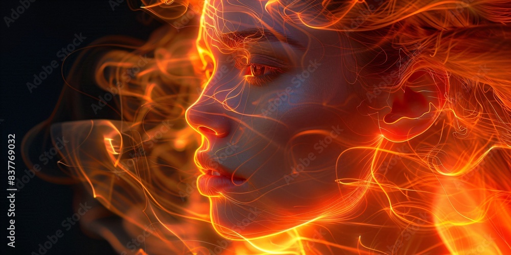 female portrait made of fire, surreal dream, playful mind female portrait made of fire, surreal dream, playful mind