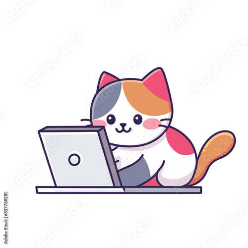 Cute calico cat cartoon using laptop, technology theme, digital education concept. Illustration adorable kitten character engaged online activity, work play. Cat expressive face browsing portable