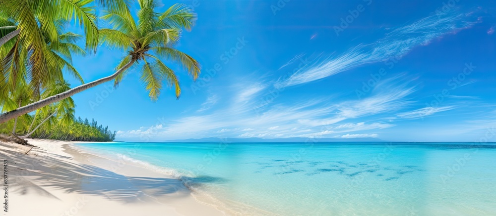 © meristock - Idyllic tropical beach with palm tree in a panoramic banner photo with a spacious copy space image. © meristock - Idyllic tropical beach with palm tree in a panoramic banner photo with a spacious copy space image.
