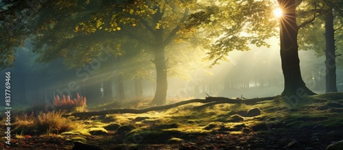 A serene early autumn scene in ancient Bohr with beech trees, spruce bushes, blueberries, and a foggy, sunlit morning with a red blueberry glistening in the copy space image. photo