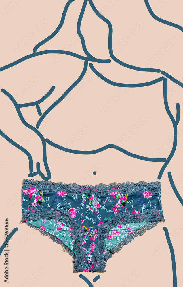 Floral pattern underwear on woman drawing over beige background Floral pattern underwear on woman drawing over beige background