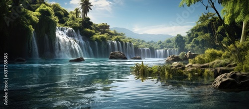 On a bright summer day  cascading water flows down cliffs into a tropical lake  creating a serene scene with plenty of copy space image.