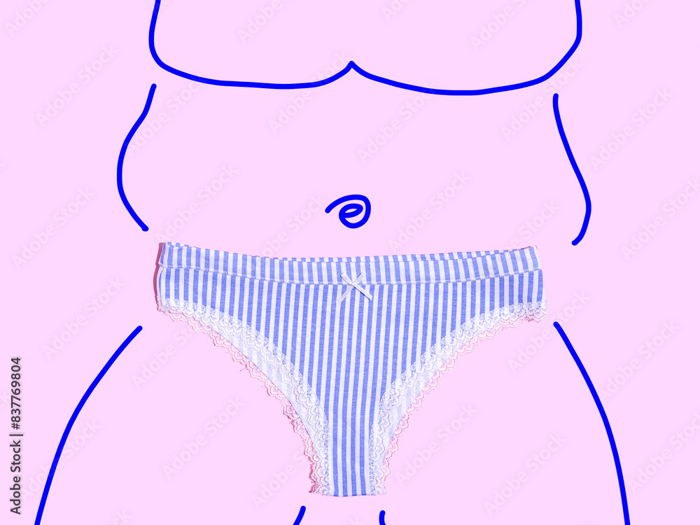 Blue striped underwear on human body drawing over pink background Blue striped underwear on human body drawing over pink background