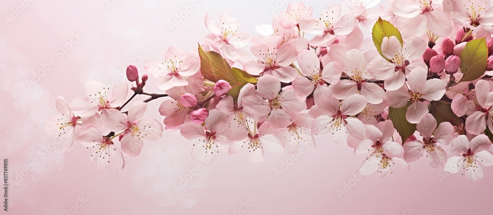 Fototapeta premium Background of blooming apple blossoms with copy space image.