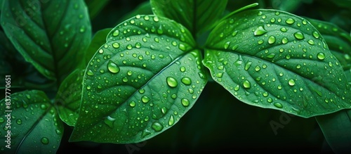 Background with beautiful leaves adorned with dew drops - Copy space image.