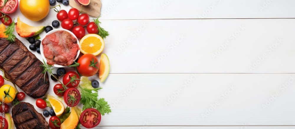 Summer BBQ or picnic food concept featuring a variety of fruits, salad, grilled meat, and potatoes on a table with a top view against a white wood backdrop, ideal for a copy space image. Summer BBQ or picnic food concept featuring a variety of fruits, salad, grilled meat, and potatoes on a table with a top view against a white wood backdrop, ideal for a copy space image.