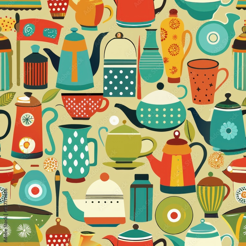 Seamless pattern of retro-inspired kitchenware like coffee cups, teapots, and utensils in bright colors, Generative AI Seamless pattern of retro-inspired kitchenware like coffee cups, teapots, and utensils in bright colors, Generative AI