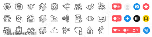 Doctor, Vaccine announcement and Patient line icons pack. Social media icons. Stay home, Care, Checklist web icon. Stress, Volunteer, Vitamin b6 pictogram. Vector