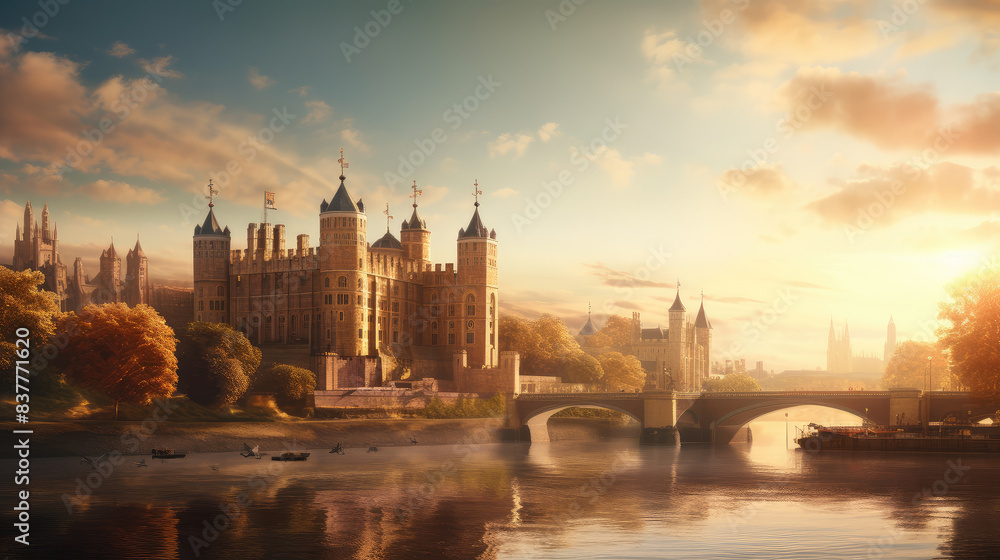 Obraz premium Majestic Castle by the River at Sunset