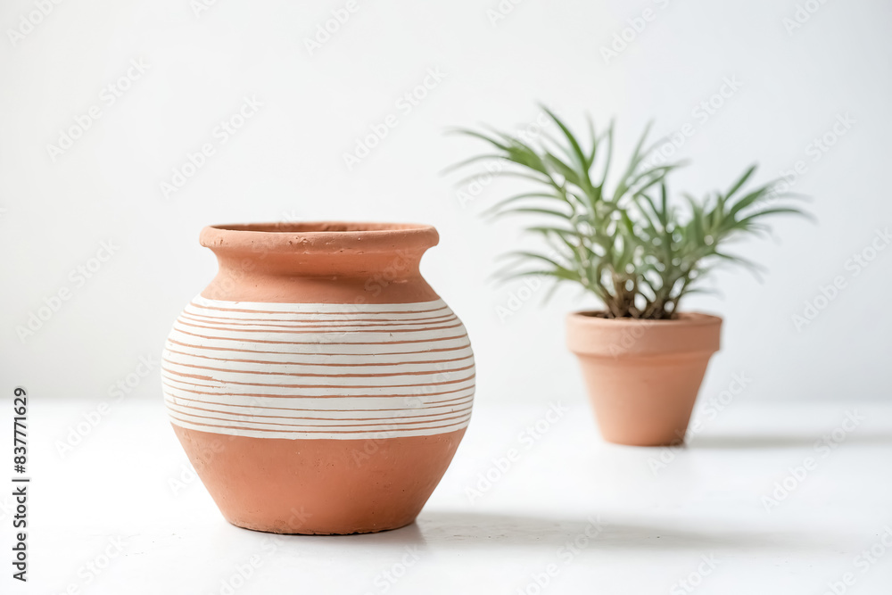 Terracotta Pot with White Stripes and a Green Plant in the Background Terracotta Pot with White Stripes and a Green Plant in the Background