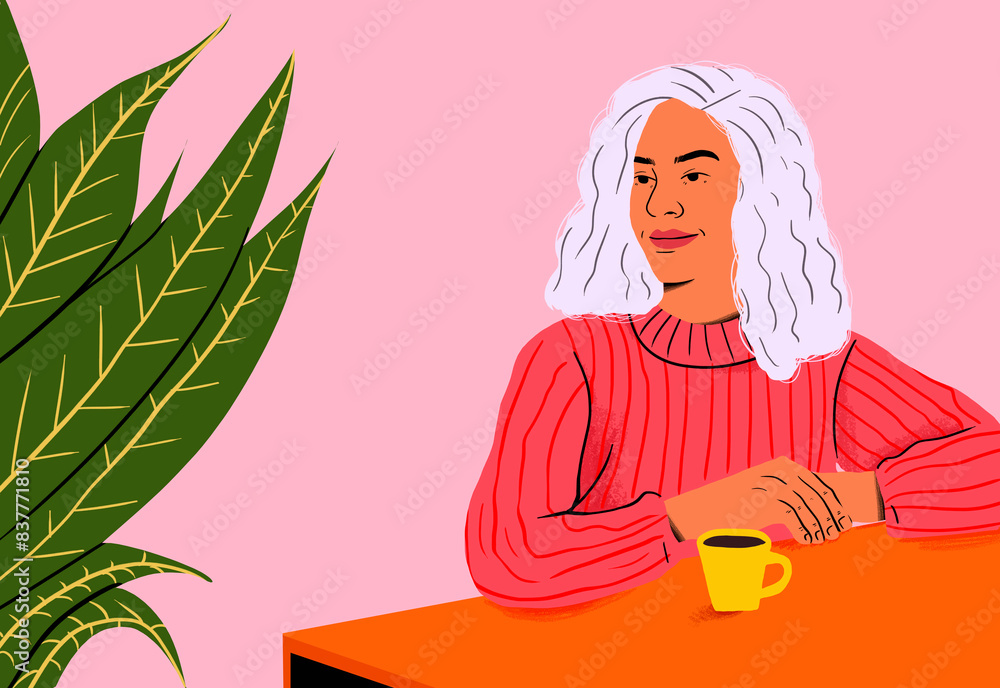 Woman having coffee and sitting near table against pink background Woman having coffee and sitting near table against pink background