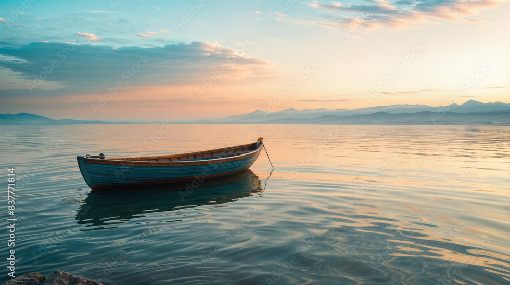 Wooden boat floating on a calm lake at sunset Wooden boat floating on a calm lake at sunset