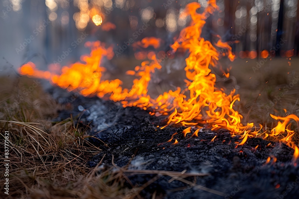 Wildfire in Forest: Intense Flames Spreading Across Dry Grassland at Sunset - Firefighting, Environmental Impact, Nature Conservation Wildfire in Forest: Intense Flames Spreading Across Dry Grassland at Sunset - Firefighting, Environmental Impact, Nature Conservation