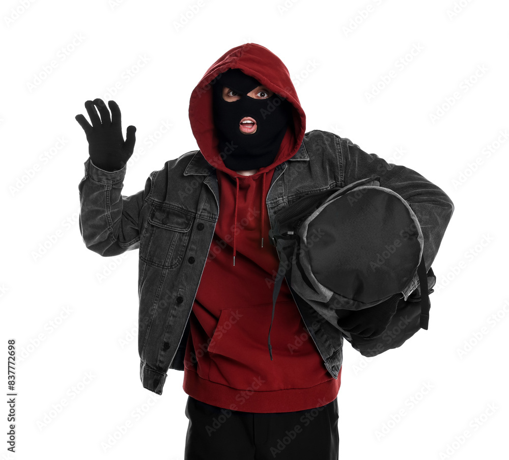 Emotional thief in balaclava with bag on white background Emotional thief in balaclava with bag on white background