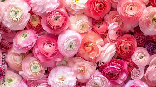 wall of different pink shades of ranunculus in a top view