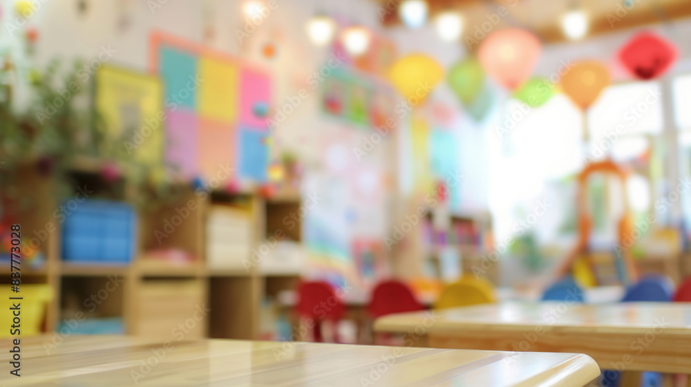 Empty preschool classroom background. Bright and colorful preschool classroom with wooden tables and chairs, perfect for educational or childcare-related themes. Empty preschool classroom background. Bright and colorful preschool classroom with wooden tables and chairs, perfect for educational or childcare-related themes.