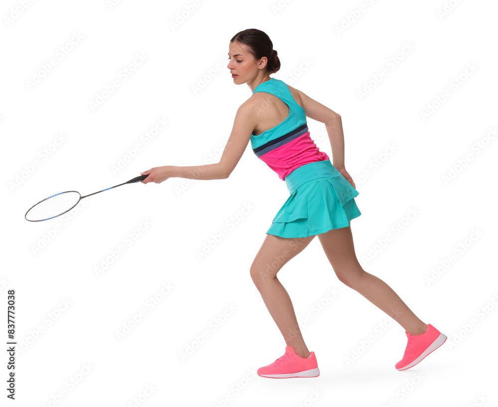 Young woman playing badminton with racket on white background Young woman playing badminton with racket on white background