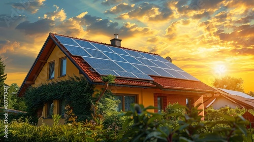 Solar panel installation on a rooftop, vibrant blue sky © rookielion