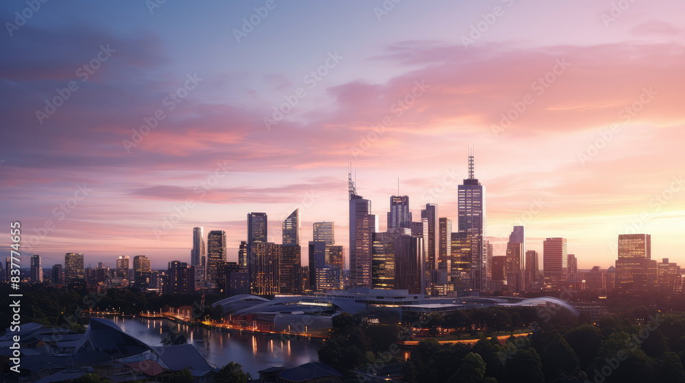 Fototapeta premium Vibrant City Skyline at Sunset