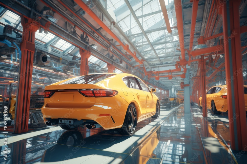 The production of a new car assembly line. A car being assembled in a factory. engineering factory The production of a new car assembly line. A car being assembled in a factory. engineering factory