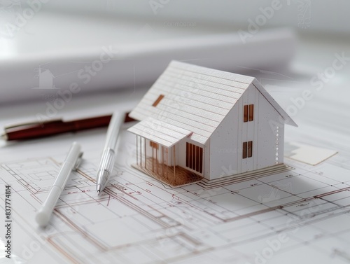 Real Photo of a Small Model House on a Blueprint: Accompanied by a Ballpoint Pen and Contract on a White Table in Stock Image Style