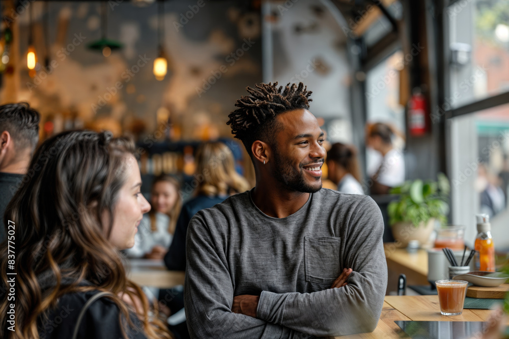 Smiling man in casual clothing enjoying conversation at a bustling café Smiling man in casual clothing enjoying conversation at a bustling café