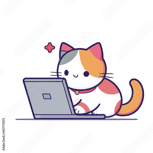 Animated cat using laptop, cartoon feline computer user, cute kitty technology interaction. Digital pet engaged online activities, animated kitten work, techsavvy animal browsing internet. Vibrant