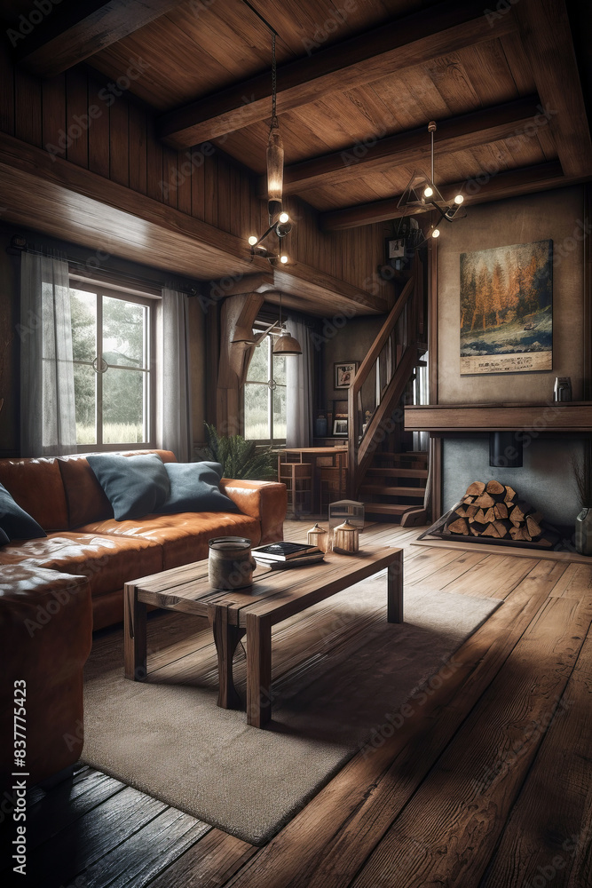 Stylish interior of living room in a house in Rustic style. Stylish interior of living room in a house in Rustic style.